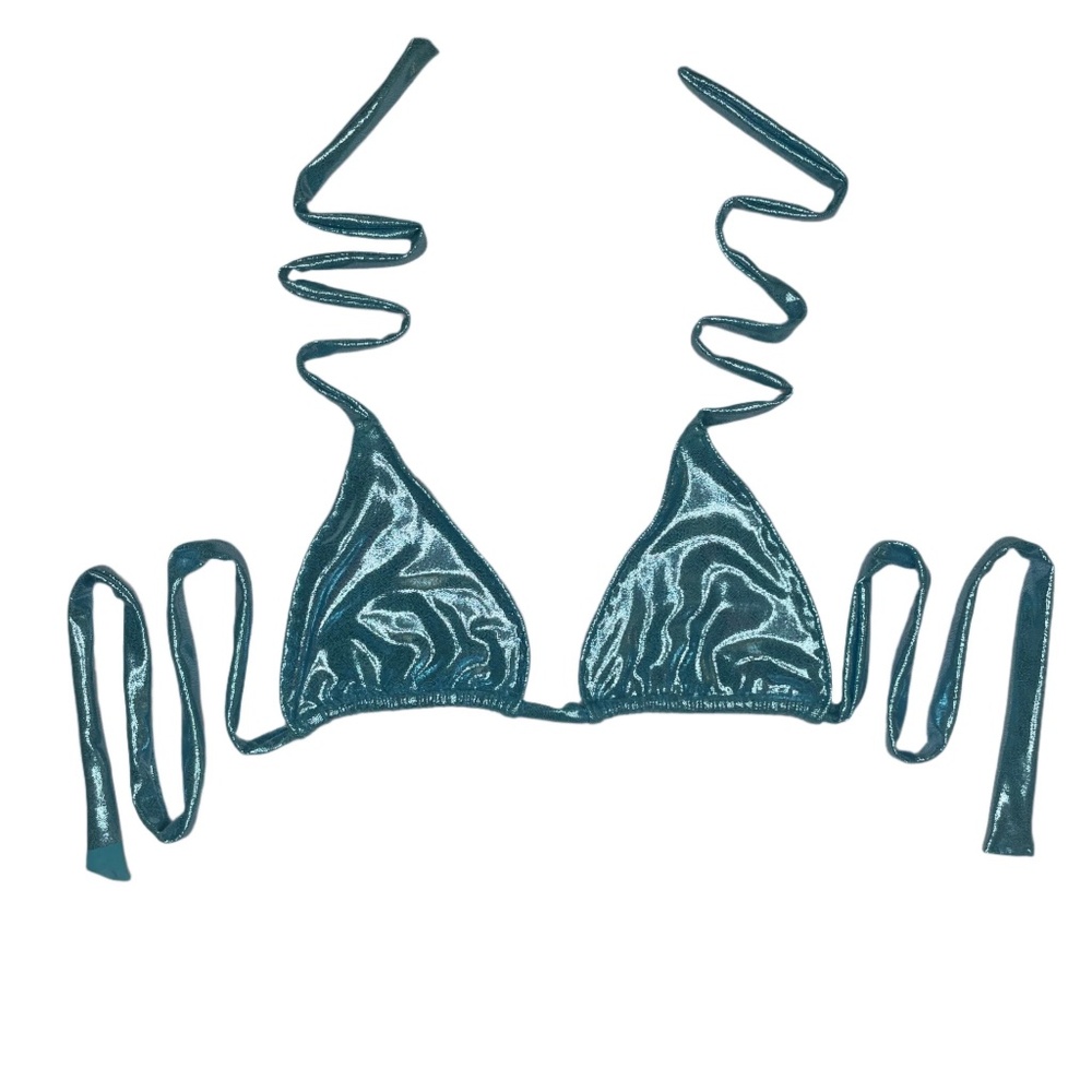 “Made to Order” Metallic Blue Slide Triangle Top & High Leg Bikini Set - Picture 3 of 5